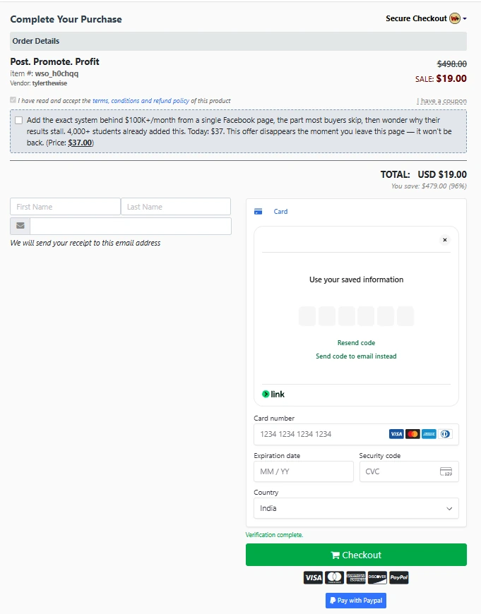 Post Promote Profit WarriorPlus checkout showing a 19 dollar base purchase